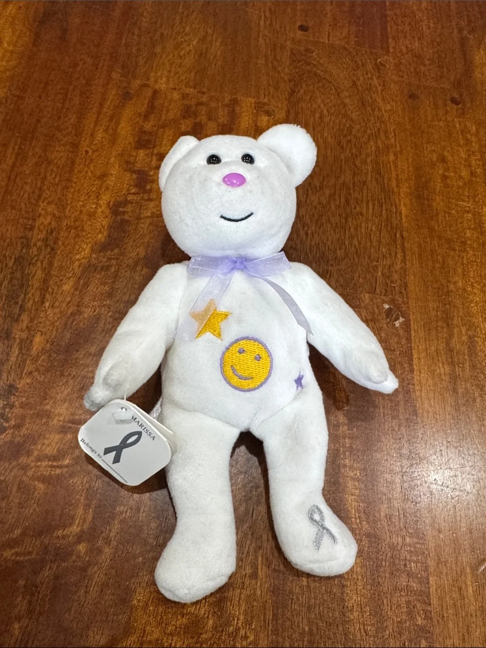 Marissa Diabetic Bear White Plush Bear Kids Toy with Purple Ribbon